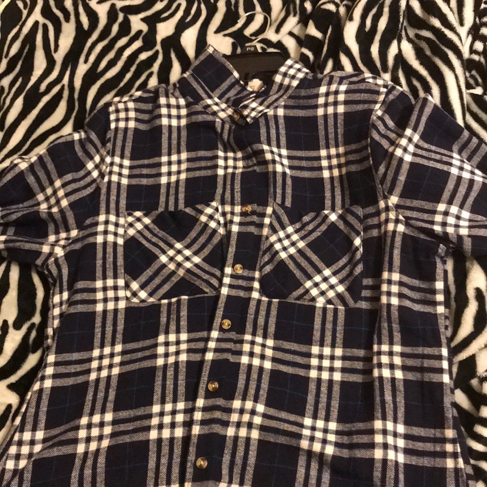 Dark blue plaid long rolled sleeves